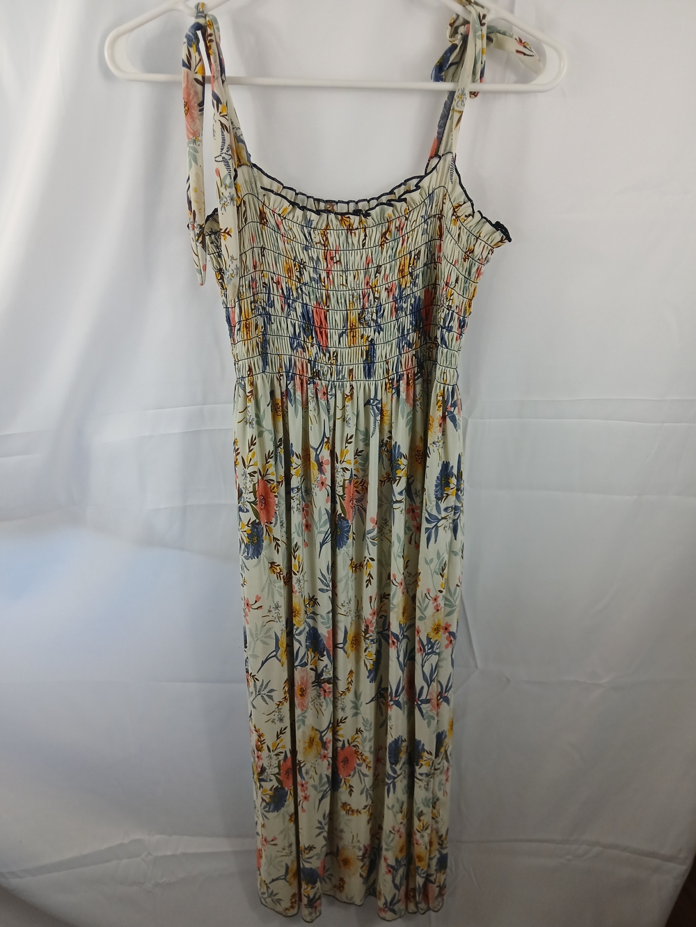 WinWin Floral Smocked Maxi Dress in Cream, Blue & Pink